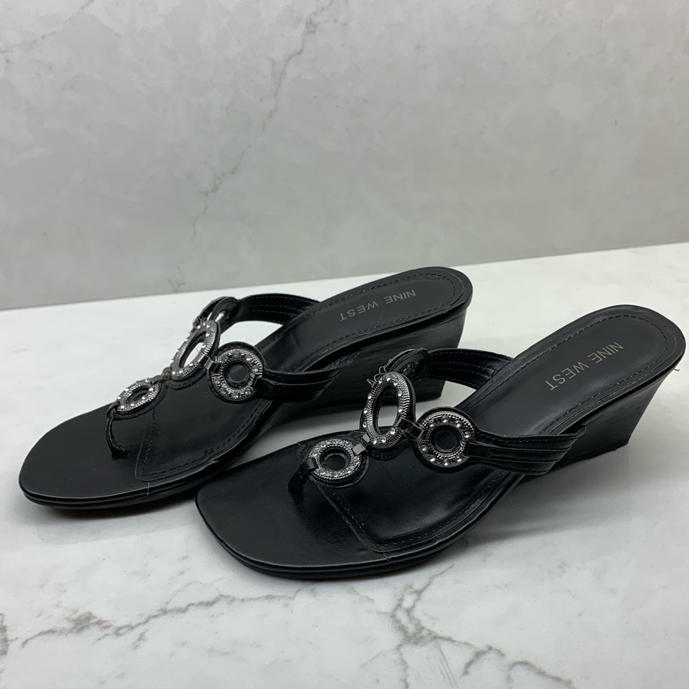 Black Leather Wedge Sandals